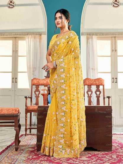 Tikhi Imli Yellow Ethnic Motifs Beads and Stones Embroidered Saree