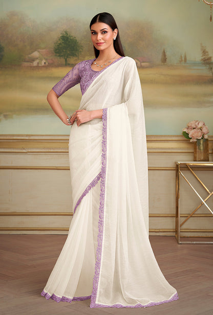 Monjolika Fashion White Sparkle Georgette Embroidered Border Party Trendy Saree