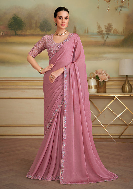 Monjolika Fashion Rose Pink Sparkle Georgette Embroidered Border Party Trendy Saree