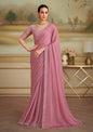 Monjolika Fashion Rose Pink Sparkle Georgette Embroidered Border Party Trendy Saree
