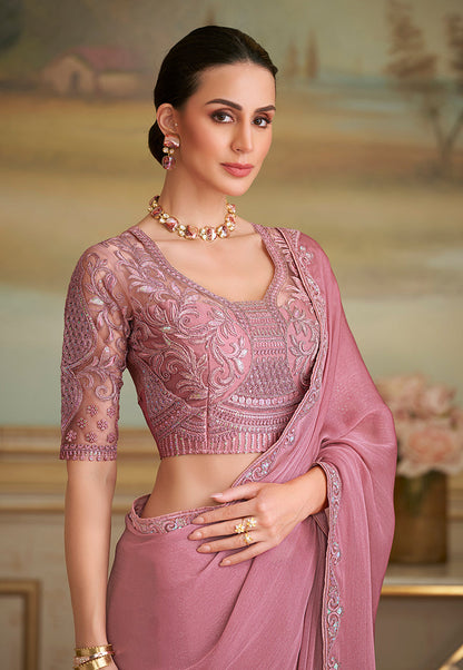 Monjolika Fashion Rose Pink Sparkle Georgette Embroidered Border Party Trendy Saree