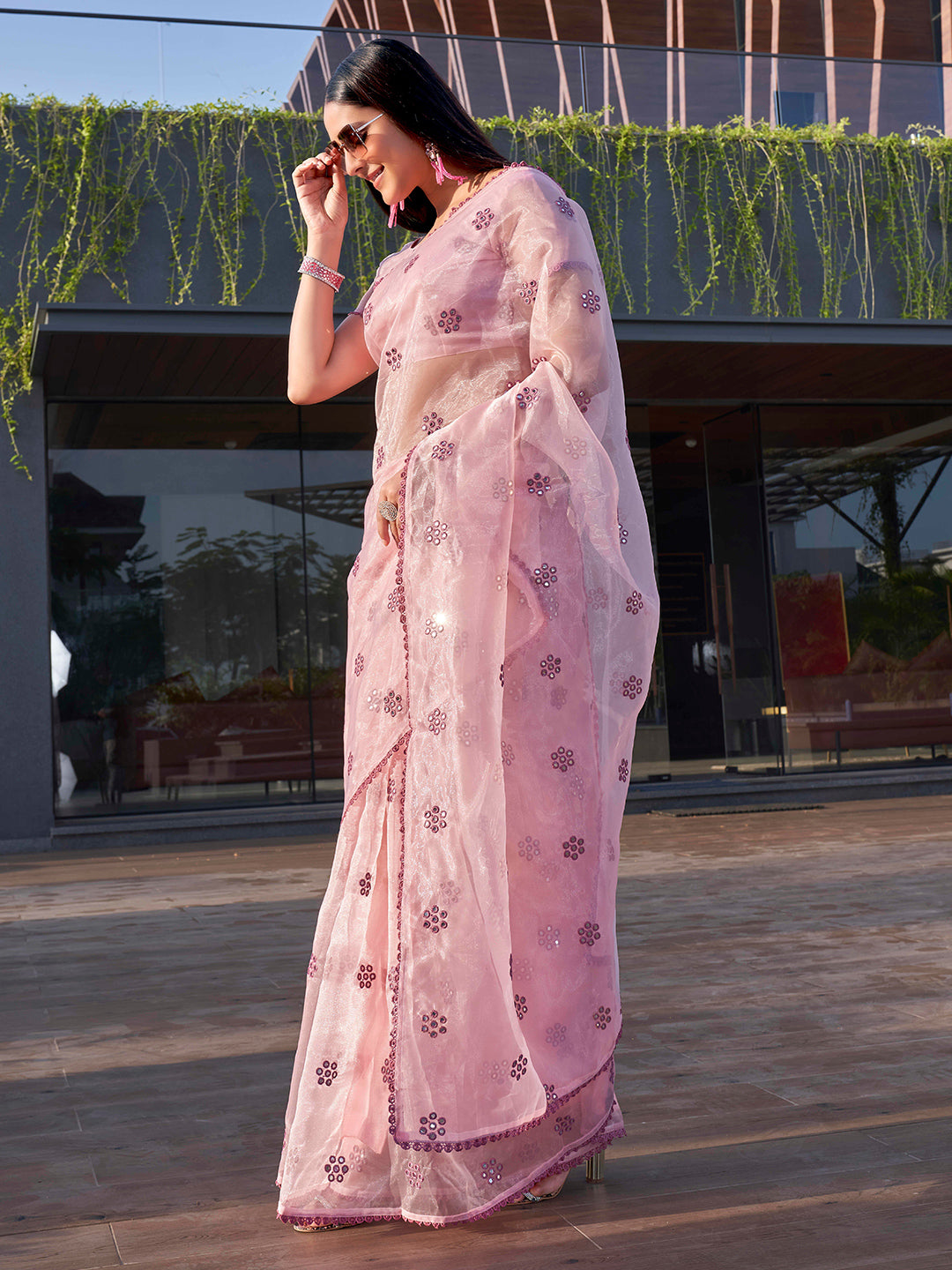 Tikhi Imli Floral Mirror Work Organza Saree