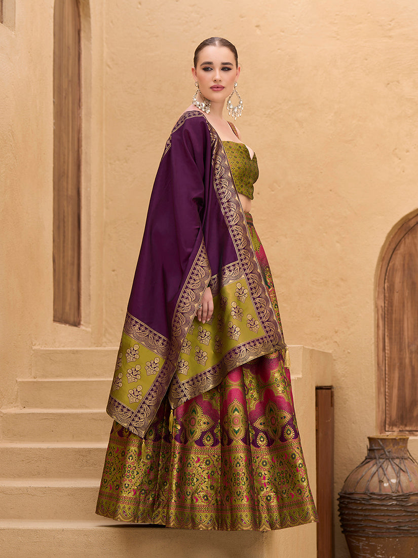 Monjolika Fashion Designer Lehenga Choli Jacquard Kanjivaram Silk In Mehendi Green