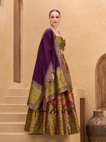 Monjolika Fashion Designer Lehenga Choli Jacquard Kanjivaram Silk In Mehendi Green