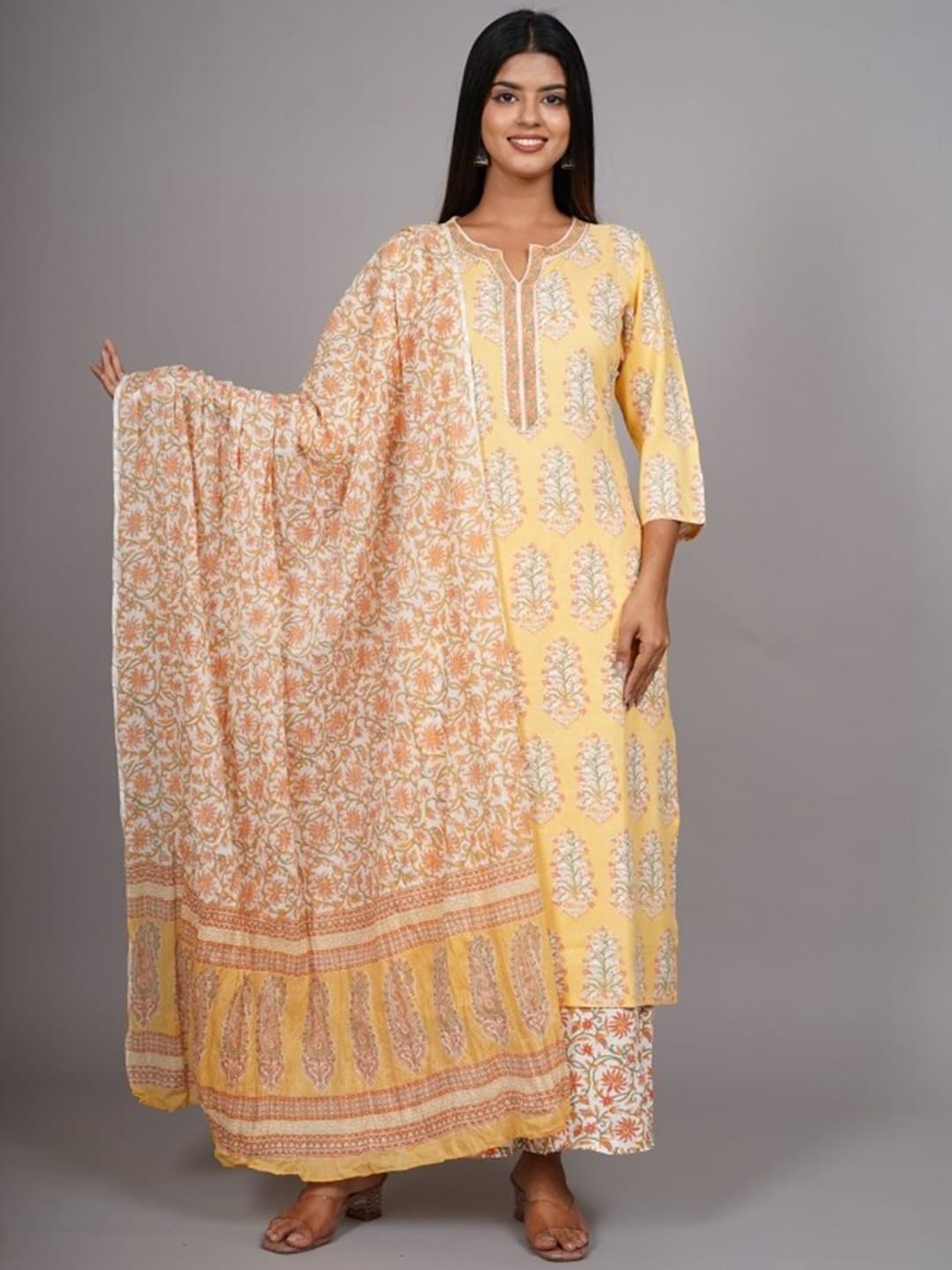 HERE&NOW Women Yellow Floral Printed Thread Work Kurta with Palazzos & With Dupatta
