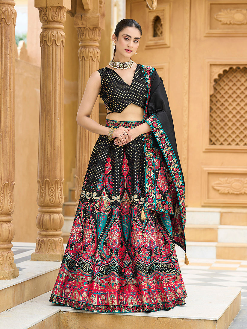 Monjolika Fashion Charming Black Color Jacquard Lehenga Choli With Dupatta