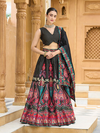 Monjolika Fashion Charming Black Color Jacquard Lehenga Choli With Dupatta