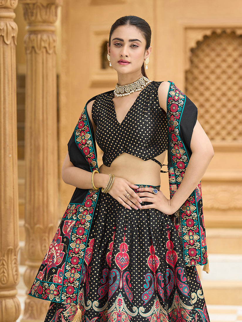 Monjolika Fashion Charming Black Color Jacquard Lehenga Choli With Dupatta