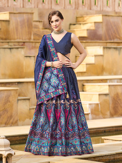 Monjolika Fashion Charming Navy Blue Color Jacquard Lehenga Choli With Dupatta