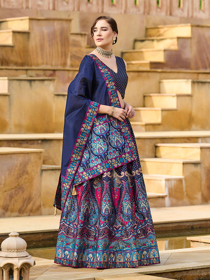 Monjolika Fashion Charming Navy Blue Color Jacquard Lehenga Choli With Dupatta