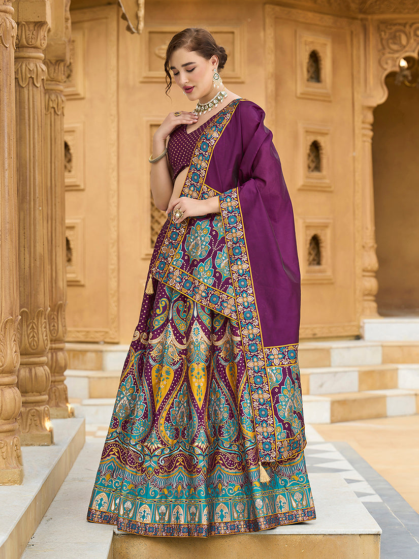 Monjolika Fashion Charming Wine Color Jacquard Lehenga Choli With Dupatta