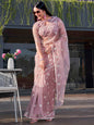 Tikhi Imli Pink Floral Embroidered Mirror Work Organza Saree