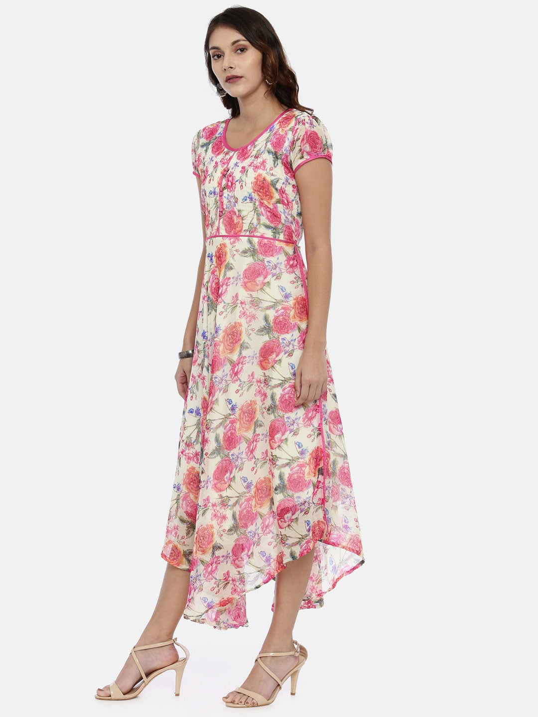 Souchii Off-White & Pink Floral Printed A-Line Dress
