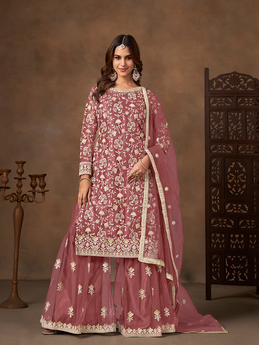 Monjolika Fashion Net Embroidered Onion Pink Salwar Kameez