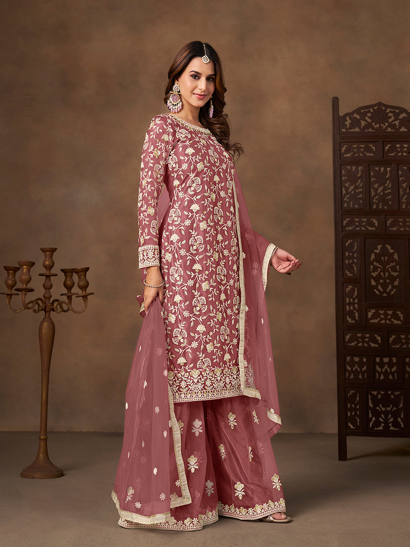 Monjolika Fashion Net Embroidered Onion Pink Salwar Kameez