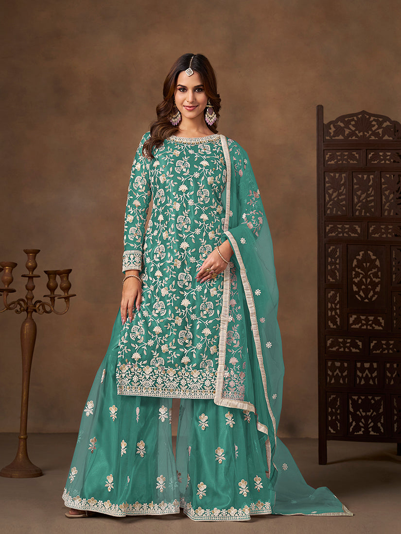 Monjolika Fashion Net Embroidered Turquoise Salwar Kameez