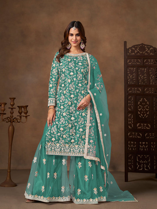 Monjolika Fashion Net Embroidered Turquoise Salwar Kameez