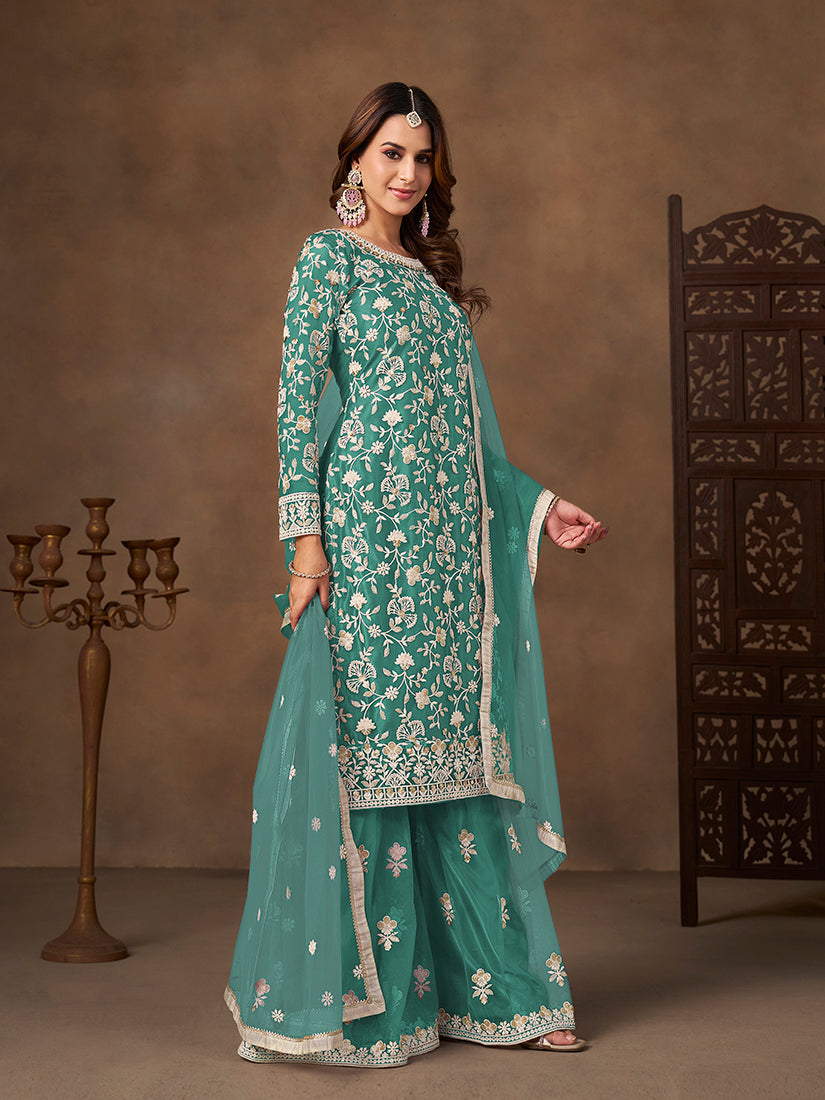 Monjolika Fashion Net Embroidered Turquoise Salwar Kameez