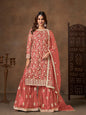 Monjolika Fashion Net Embroidered Coral Salwar Kameez