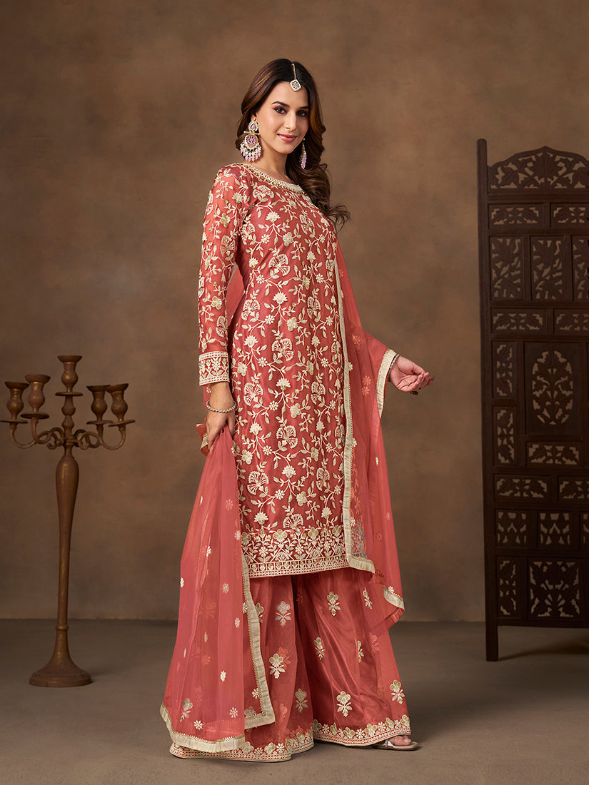 Monjolika Fashion Net Embroidered Coral Salwar Kameez