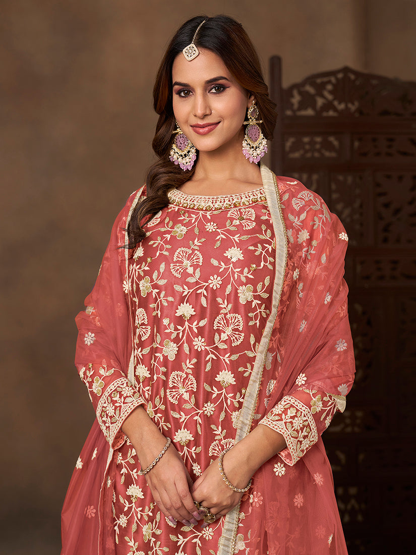 Monjolika Fashion Net Embroidered Coral Salwar Kameez
