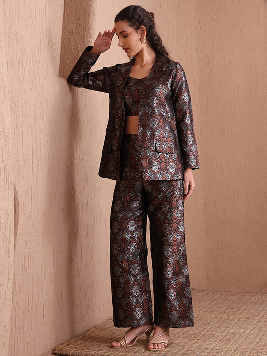 Monjolika Fashion Women's Black Banarasi Brocade Co-ord Set With Designer Blazer & Wide-Leg Pants