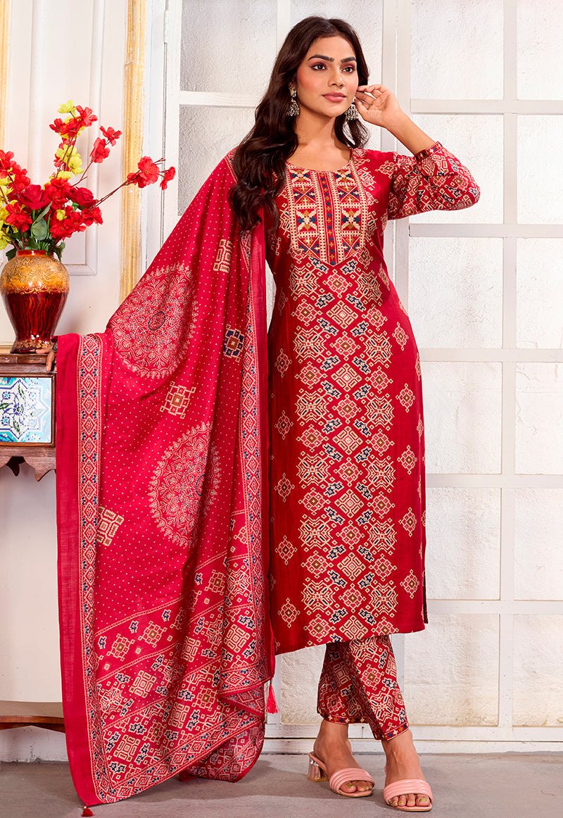 Monjolika Fashion Red Chanderi Embroidered Work Party Pant Style Suit