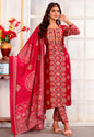 Monjolika Fashion Red Chanderi Embroidered Work Party Pant Style Suit