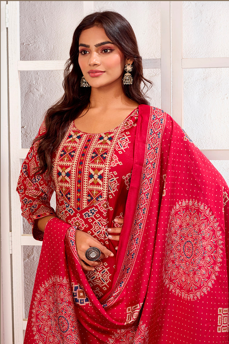 Monjolika Fashion Red Chanderi Embroidered Work Party Pant Style Suit