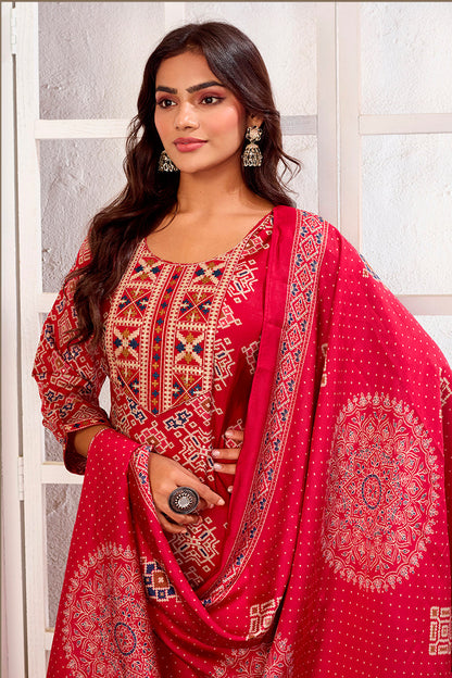 Monjolika Fashion Red Chanderi Embroidered Work Party Pant Style Suit