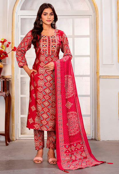 Monjolika Fashion Red Chanderi Embroidered Work Party Pant Style Suit
