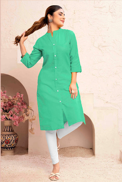 Monjolika Fashion Sea Green Color Cotton Casual Kurti With Pocket