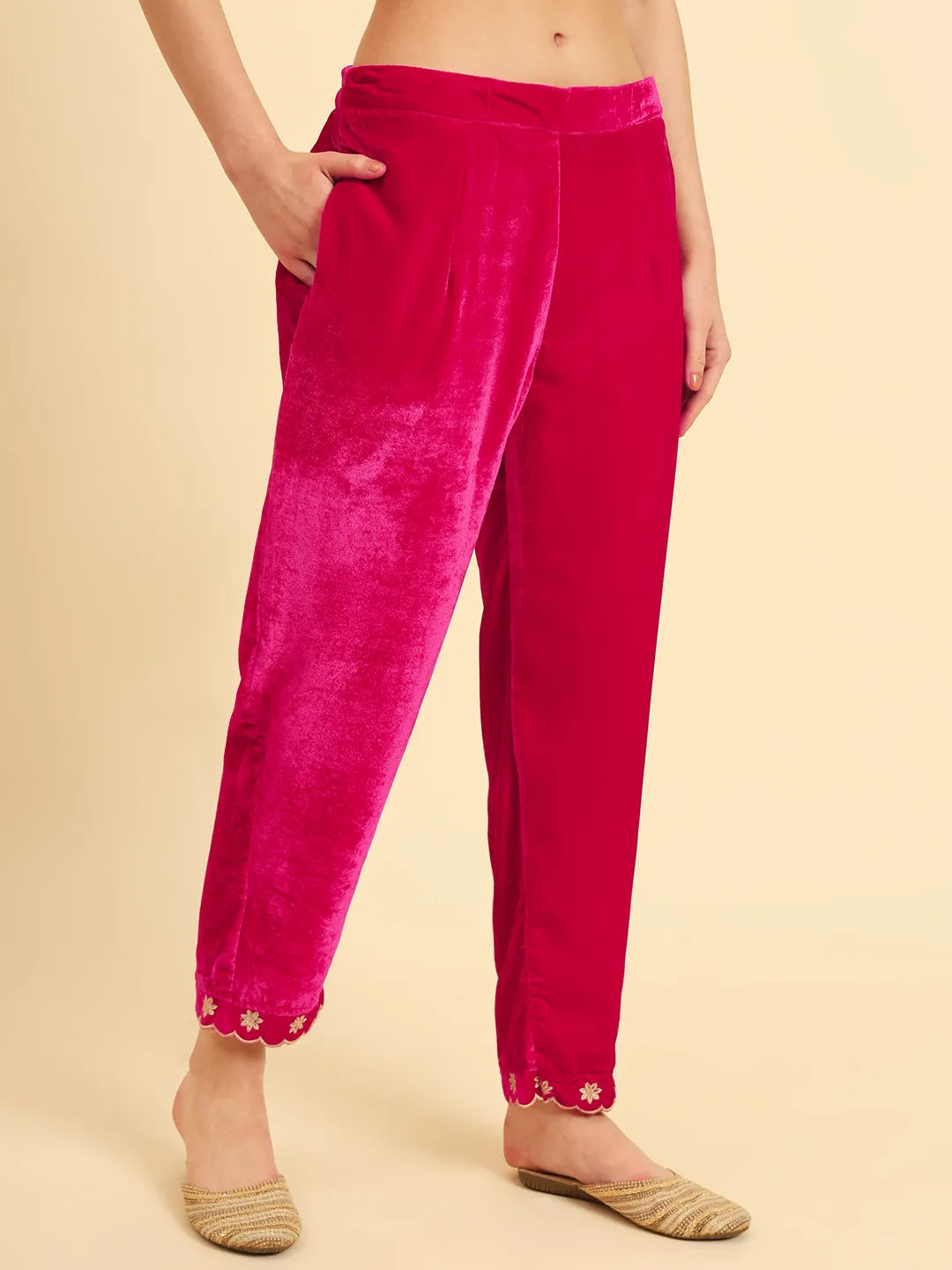 Yufta Pink Velvet Kurta Trouser And Dupatta Set With Embroidery