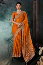 Monjolika Fashion Orange Wear Fabric Embroidery Bridal Reception Festival Wedding Wear Heavy Border Saree