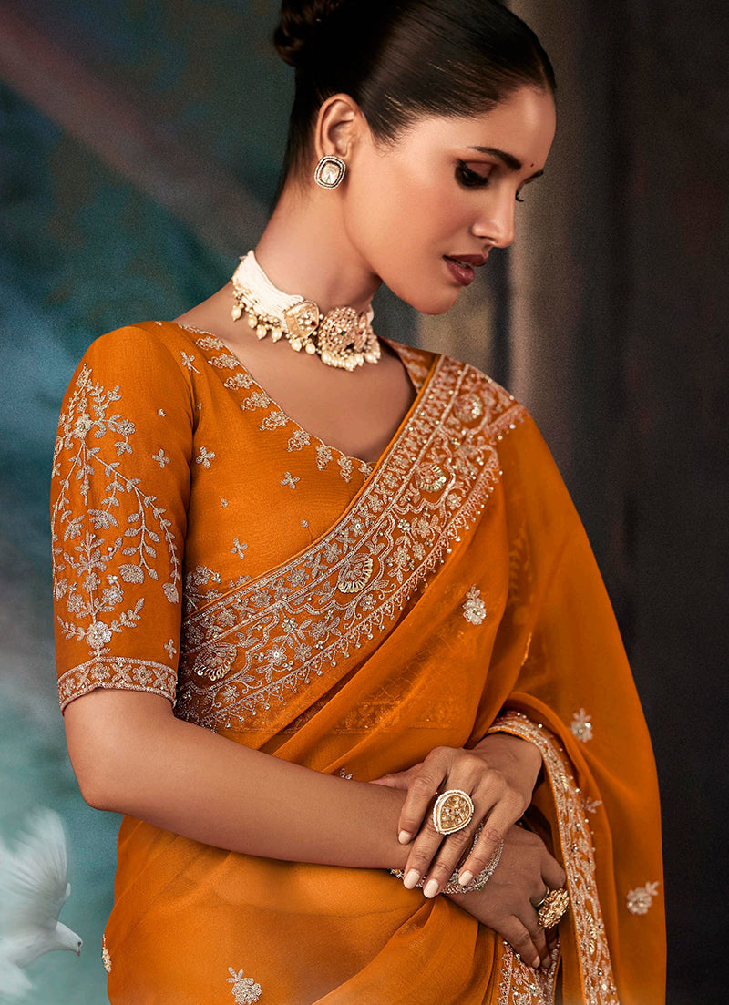 Monjolika Fashion Orange Wear Fabric Embroidery Bridal Reception Festival Wedding Wear Heavy Border Saree