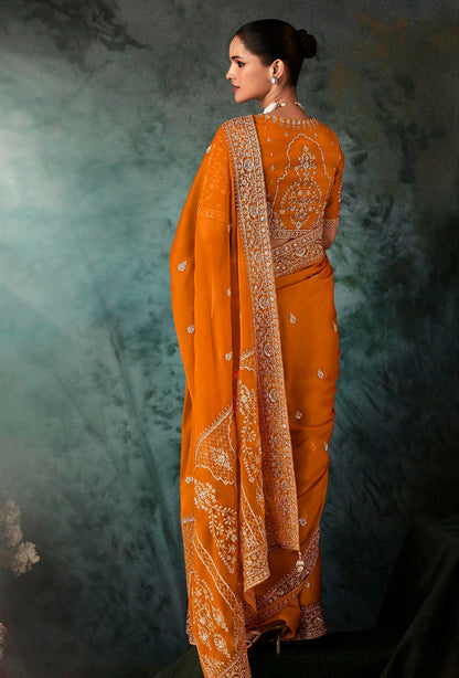 Monjolika Fashion Orange Wear Fabric Embroidery Bridal Reception Festival Wedding Wear Heavy Border Saree
