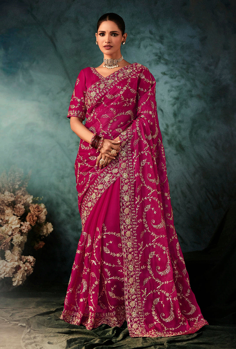 Monjolika Fashion Rani Pink Faux Crepe Embroidery Bridal Reception Festival Wedding Wear Heavy Border Saree