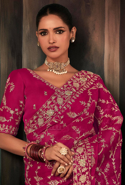 Monjolika Fashion Rani Pink Faux Crepe Embroidery Bridal Reception Festival Wedding Wear Heavy Border Saree