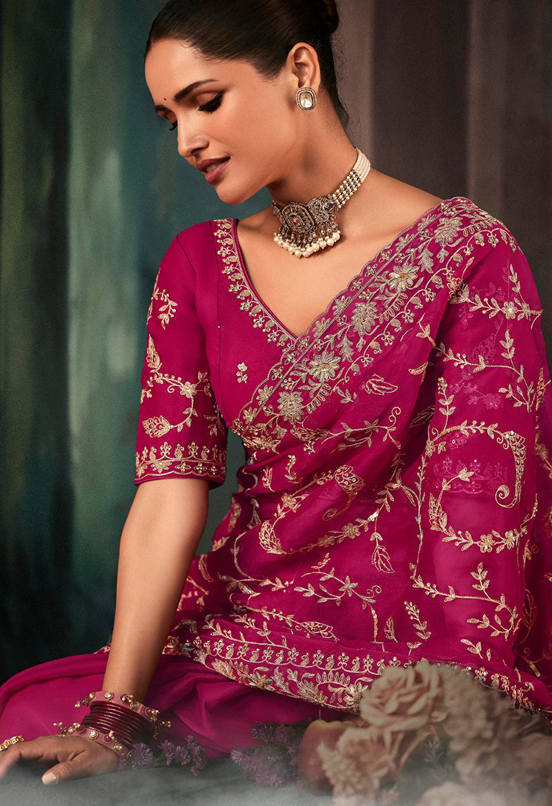 Monjolika Fashion Rani Pink Faux Crepe Embroidery Bridal Reception Festival Wedding Wear Heavy Border Saree