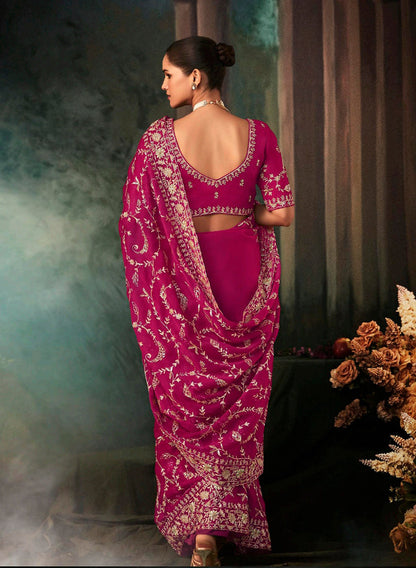 Monjolika Fashion Rani Pink Faux Crepe Embroidery Bridal Reception Festival Wedding Wear Heavy Border Saree