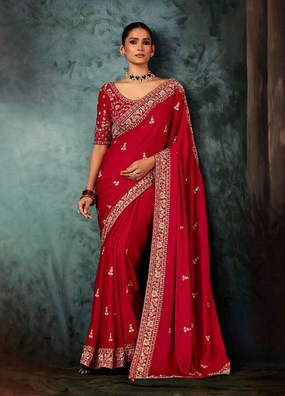 Monjolika Fashion Red Wear Fabric Embroidery Bridal Reception Festival Wedding Wear Heavy Border Saree