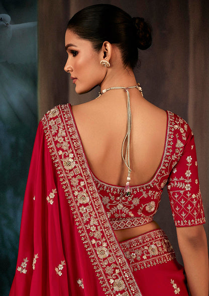 Monjolika Fashion Red Wear Fabric Embroidery Bridal Reception Festival Wedding Wear Heavy Border Saree
