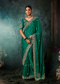 Monjolika Fashion Teal Green Faux Satin Embroidery Bridal Reception Festival Wedding Wear Heavy Border Saree
