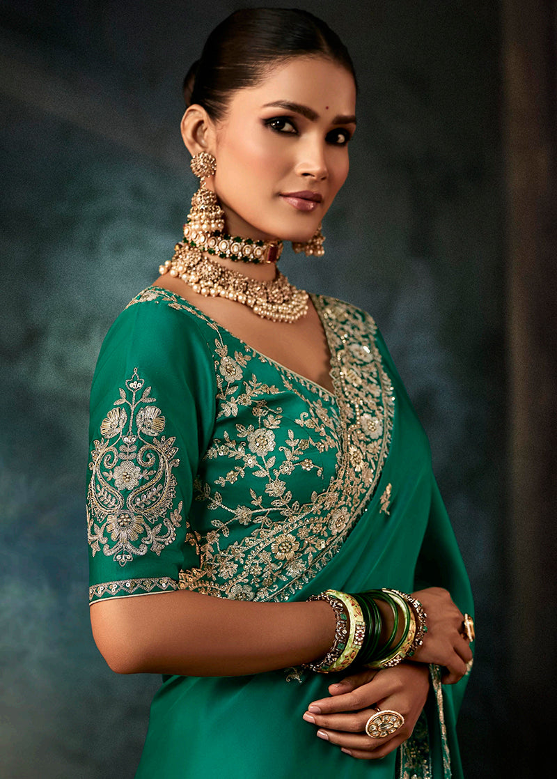 Monjolika Fashion Teal Green Faux Satin Embroidery Bridal Reception Festival Wedding Wear Heavy Border Saree