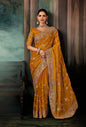 Monjolika Fashion Orange Wear Fabric Embroidery Bridal Reception Festival Wedding Wear Heavy Border Saree