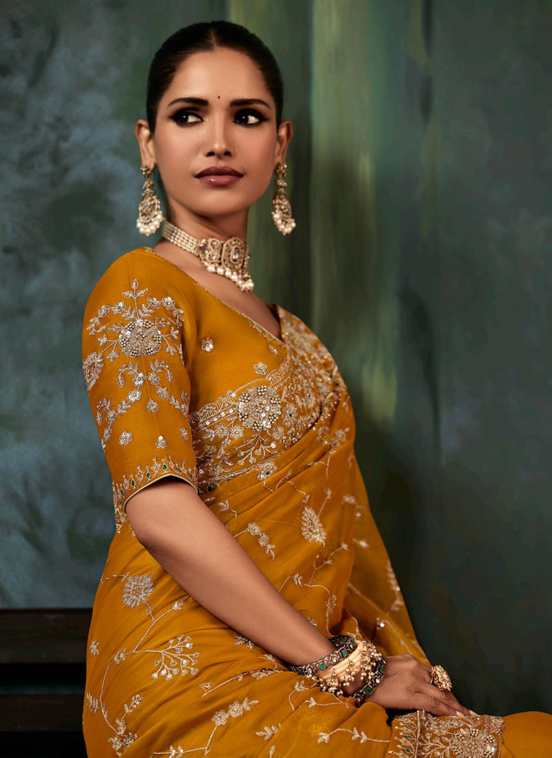 Monjolika Fashion Orange Wear Fabric Embroidery Bridal Reception Festival Wedding Wear Heavy Border Saree