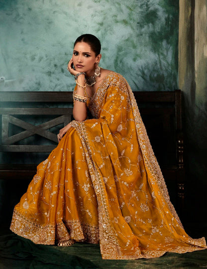 Monjolika Fashion Orange Wear Fabric Embroidery Bridal Reception Festival Wedding Wear Heavy Border Saree