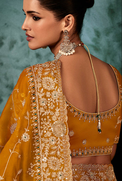 Monjolika Fashion Orange Wear Fabric Embroidery Bridal Reception Festival Wedding Wear Heavy Border Saree