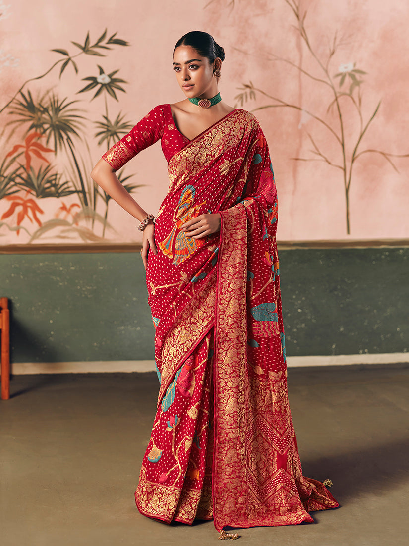 Monjolika Fashion Red Bandhej Weaving Work Faux Khadi Georgette Saree