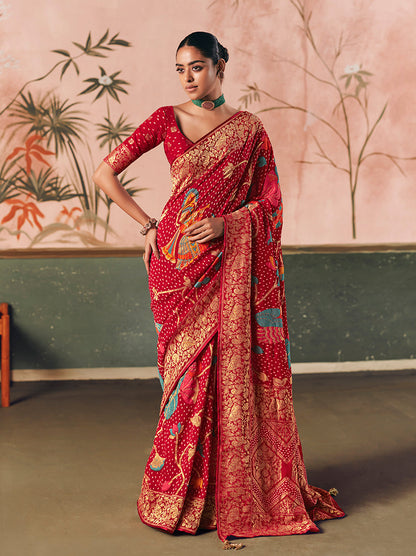 Monjolika Fashion Red Bandhej Weaving Work Faux Khadi Georgette Saree
